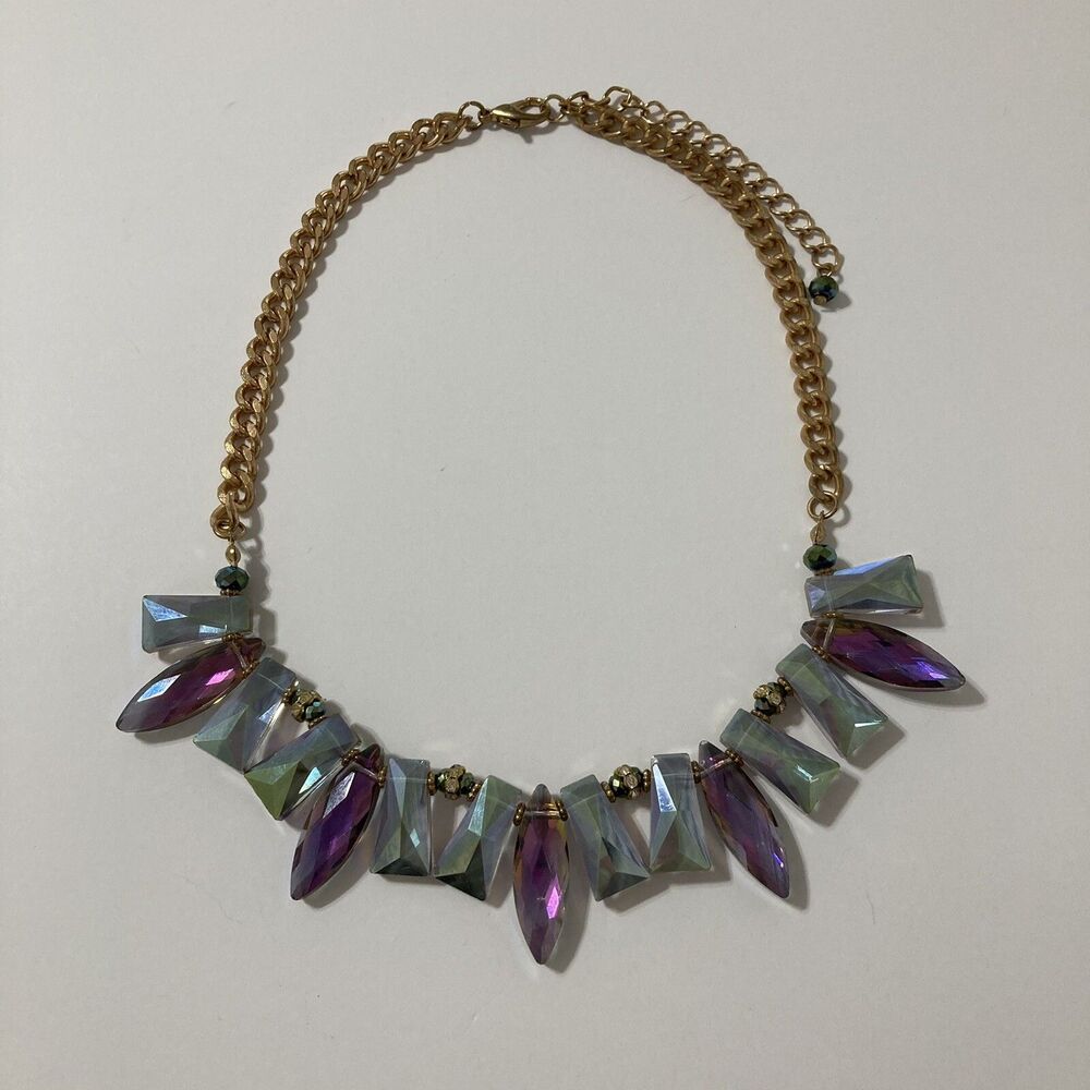 Gold Tone Chain Pastel Purple Green Acrylic Crystal Rhinestone Necklace